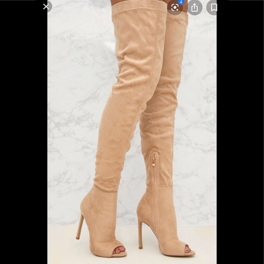 Nude peep toe knee high boots